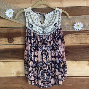 Love, Fire black floral embroidered pleated tank top, size S